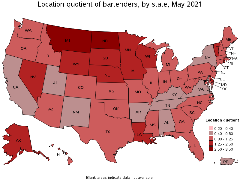 Map of location quotient of bartenders by state, May 2021