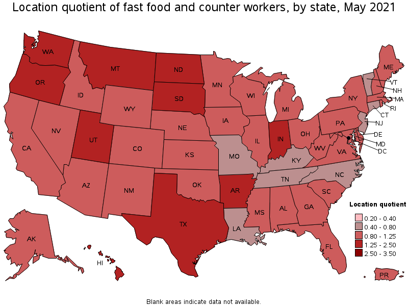 Map of location quotient of fast food and counter workers by state, May 2021