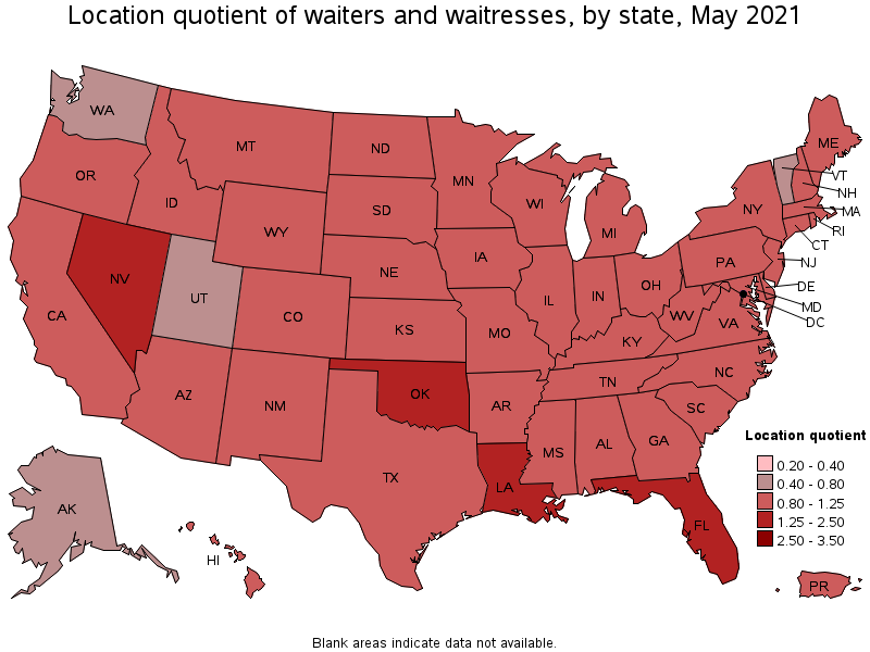 Map of location quotient of waiters and waitresses by state, May 2021