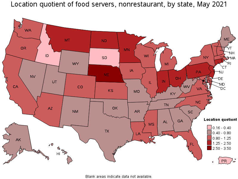 Map of location quotient of food servers, nonrestaurant by state, May 2021