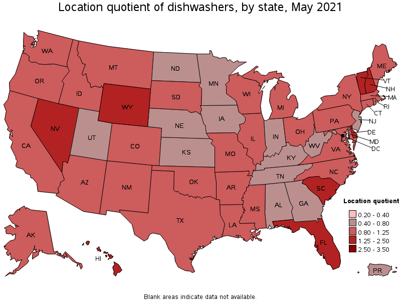 Map of location quotient of dishwashers by state, May 2021