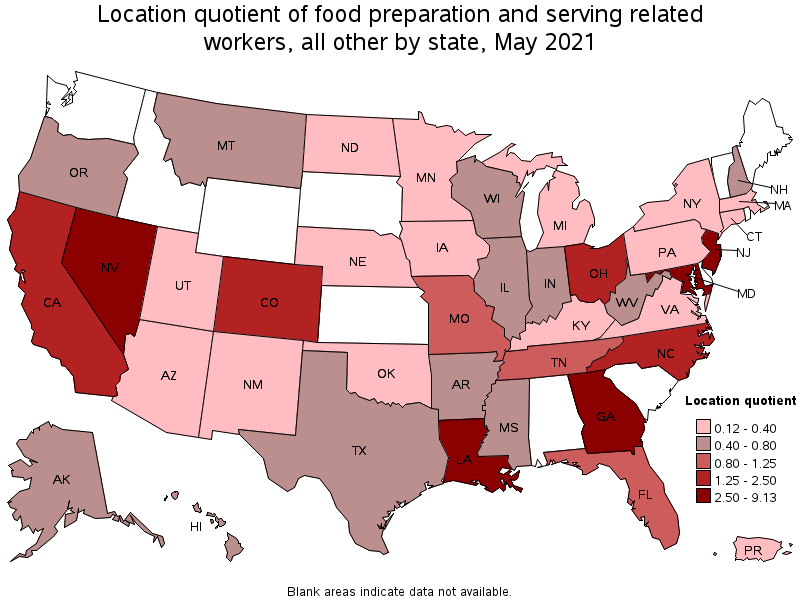 Map of location quotient of food preparation and serving related workers, all other by state, May 2021