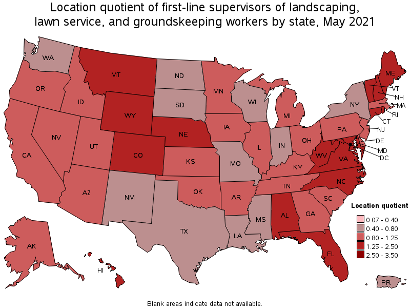 Map of location quotient of first-line supervisors of landscaping, lawn service, and groundskeeping workers by state, May 2021