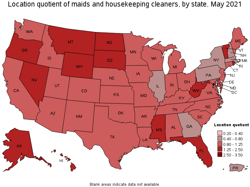 Map of location quotient of maids and housekeeping cleaners by state, May 2021