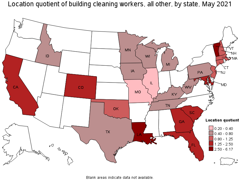 Map of location quotient of building cleaning workers, all other by state, May 2021