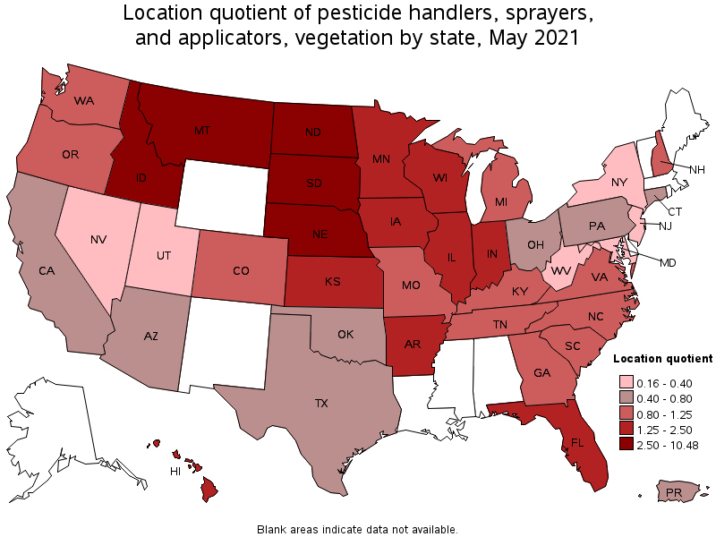 Map of location quotient of pesticide handlers, sprayers, and applicators, vegetation by state, May 2021
