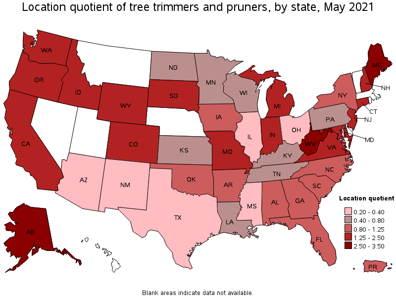 Map of location quotient of tree trimmers and pruners by state, May 2021