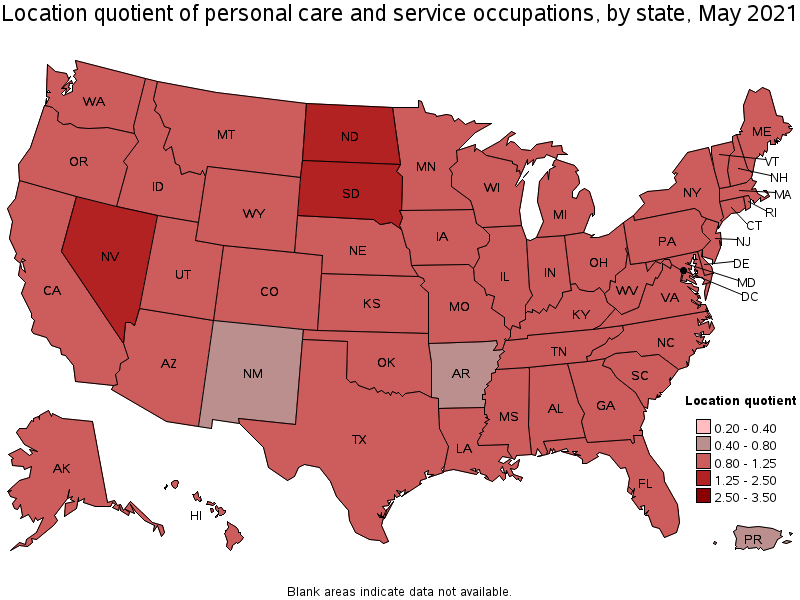 Map of location quotient of personal care and service occupations by state, May 2021
