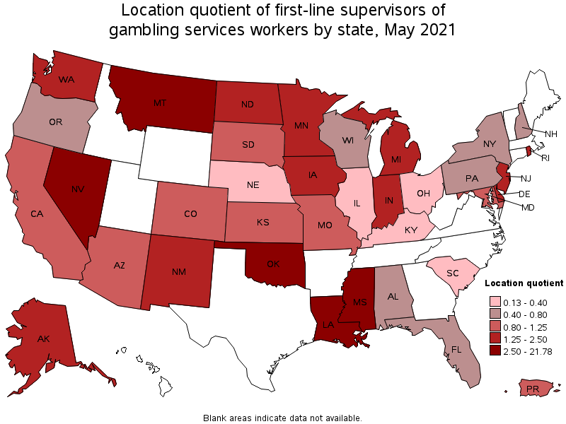 Map of location quotient of first-line supervisors of gambling services workers by state, May 2021