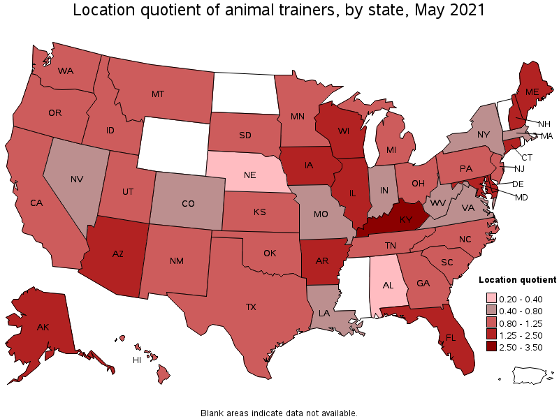 Map of location quotient of animal trainers by state, May 2021