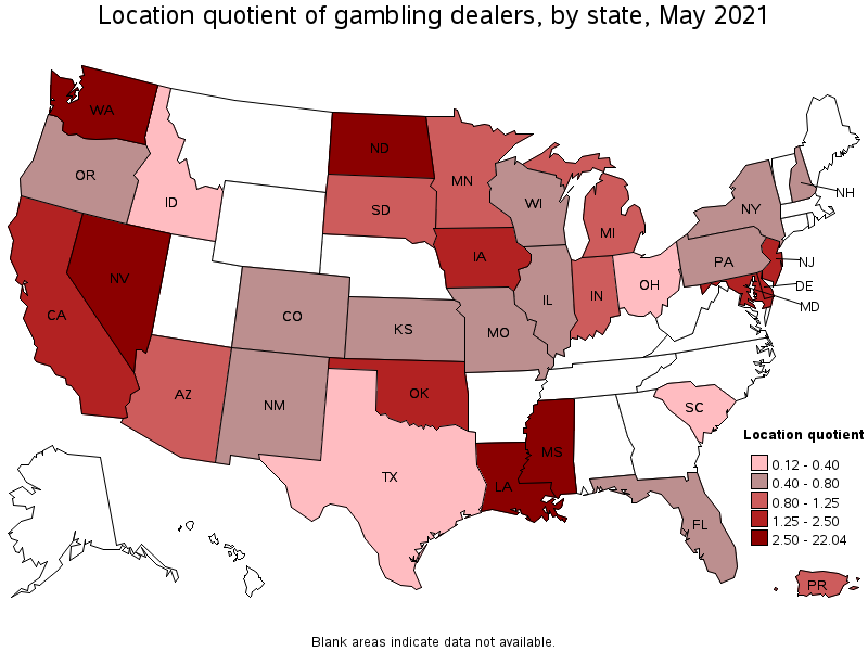 Map of location quotient of gambling dealers by state, May 2021