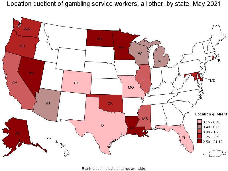 Map of location quotient of gambling service workers, all other by state, May 2021