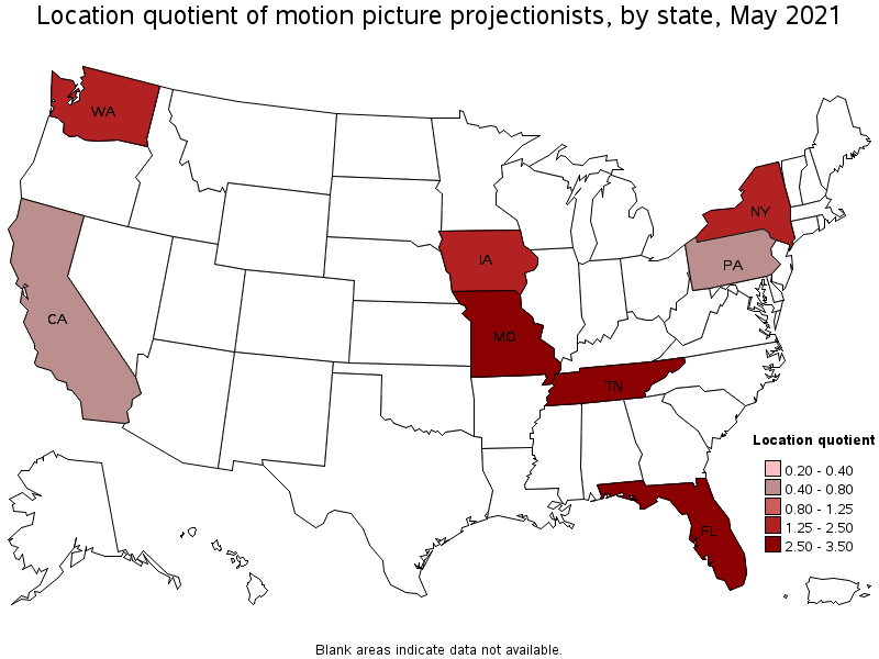 Map of location quotient of motion picture projectionists by state, May 2021