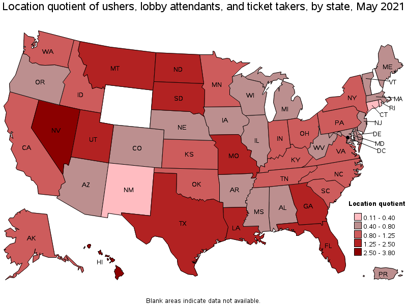 Map of location quotient of ushers, lobby attendants, and ticket takers by state, May 2021