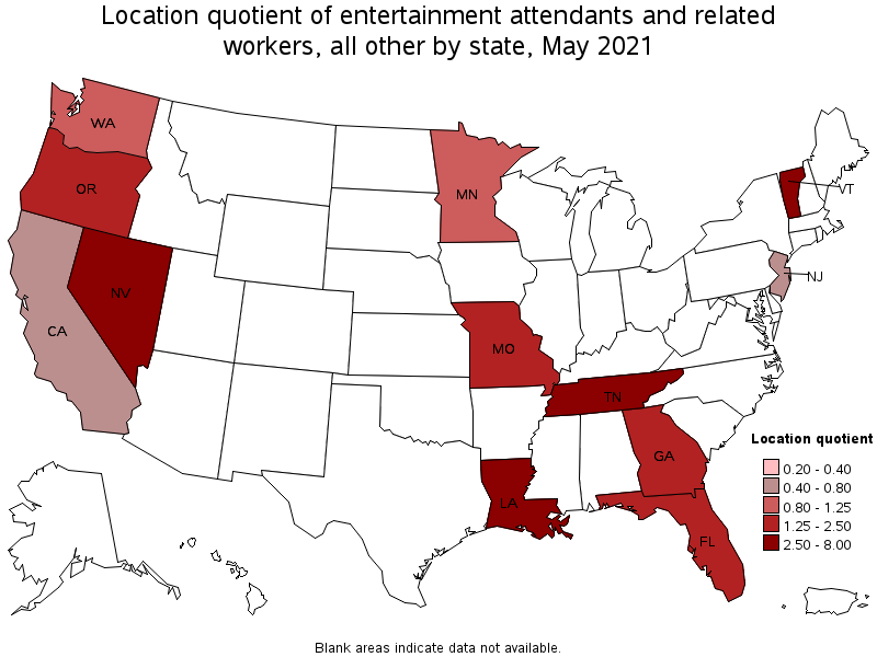 Map of location quotient of entertainment attendants and related workers, all other by state, May 2021