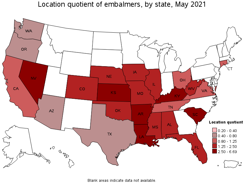 Map of location quotient of embalmers by state, May 2021