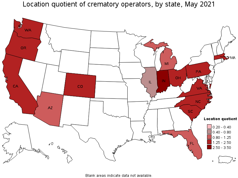 Map of location quotient of crematory operators by state, May 2021