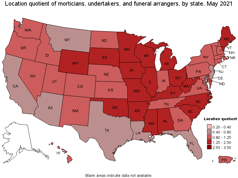 Map of location quotient of morticians, undertakers, and funeral arrangers by state, May 2021