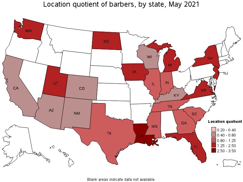 Map of location quotient of barbers by state, May 2021