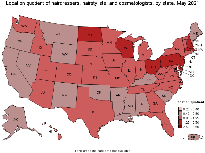 Map of location quotient of hairdressers, hairstylists, and cosmetologists by state, May 2021