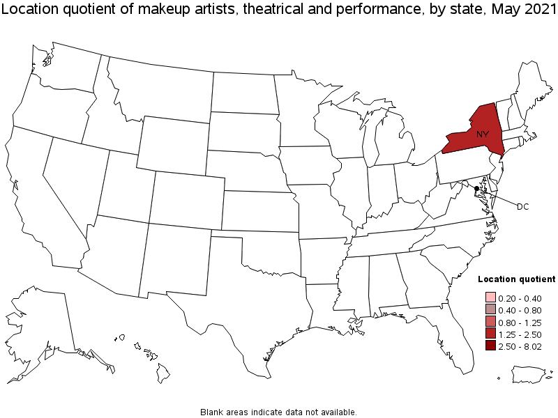 Map of location quotient of makeup artists, theatrical and performance by state, May 2021