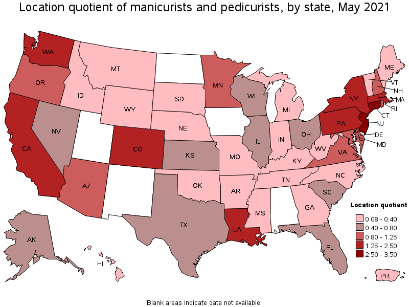 Map of location quotient of manicurists and pedicurists by state, May 2021