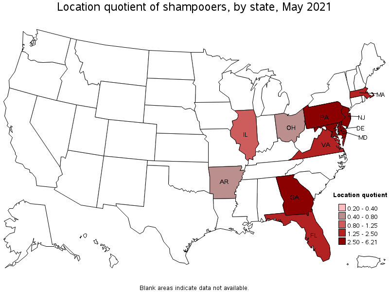 Map of location quotient of shampooers by state, May 2021
