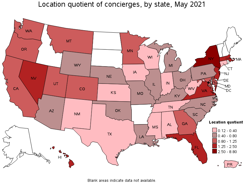 Map of location quotient of concierges by state, May 2021