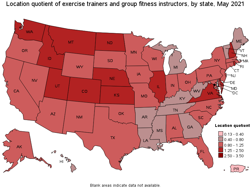 Map of location quotient of exercise trainers and group fitness instructors by state, May 2021