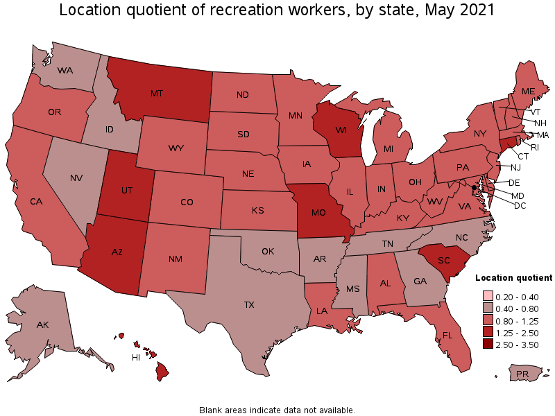 Map of location quotient of recreation workers by state, May 2021