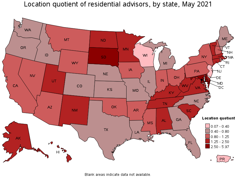 Map of location quotient of residential advisors by state, May 2021