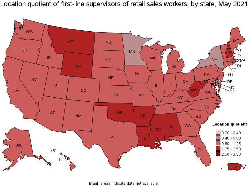 Map of location quotient of first-line supervisors of retail sales workers by state, May 2021