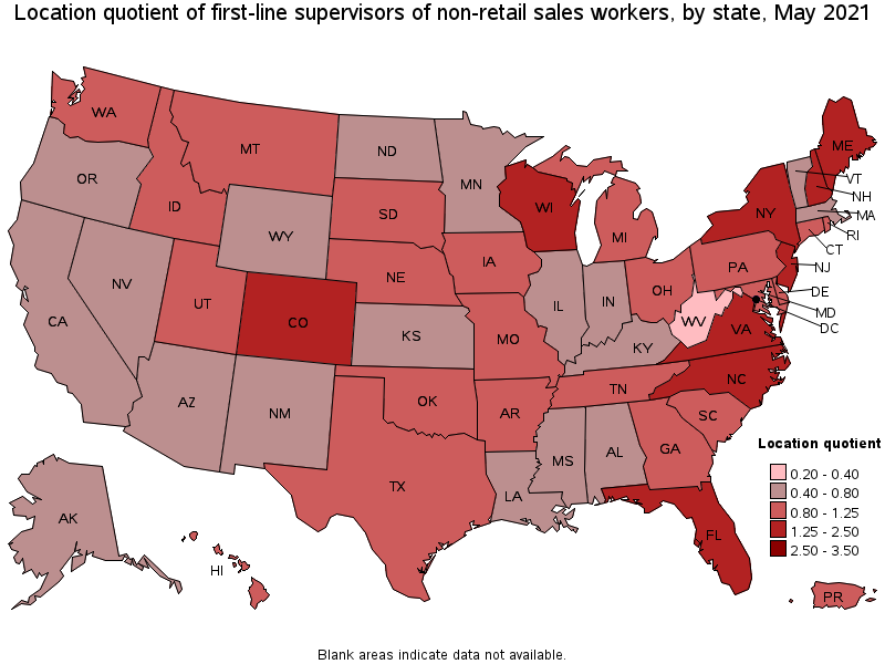 Map of location quotient of first-line supervisors of non-retail sales workers by state, May 2021