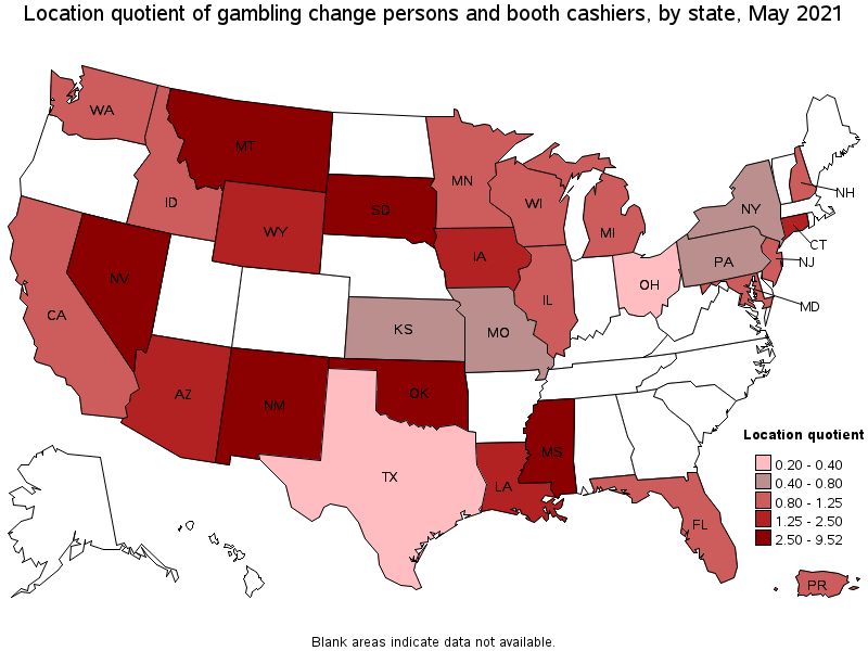 Map of location quotient of gambling change persons and booth cashiers by state, May 2021
