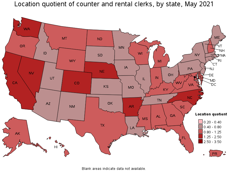 Map of location quotient of counter and rental clerks by state, May 2021