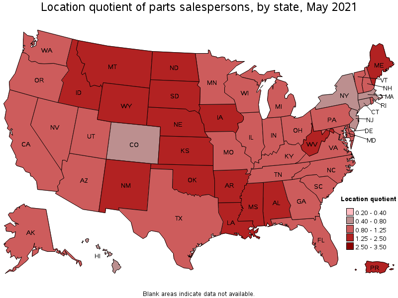 Map of location quotient of parts salespersons by state, May 2021