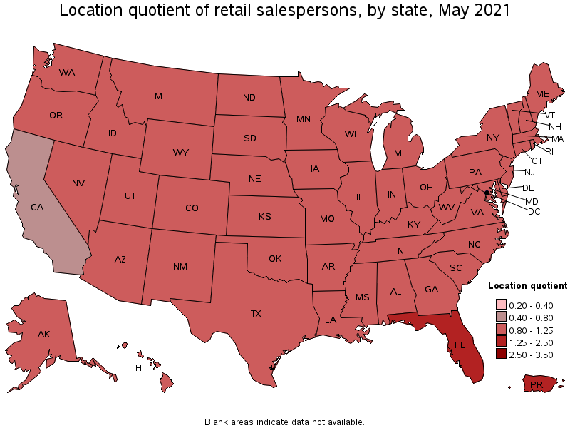 Map of location quotient of retail salespersons by state, May 2021