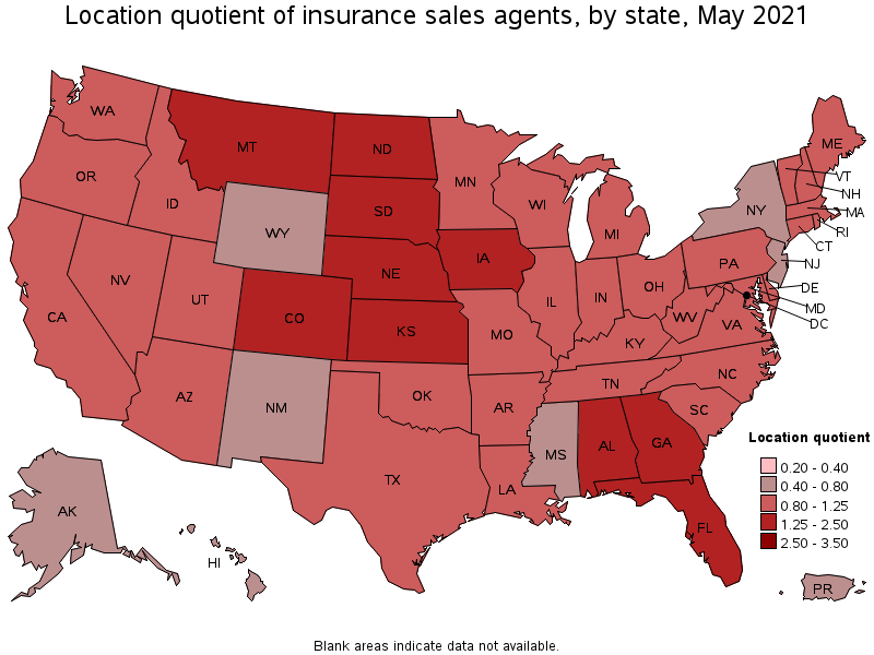Map of location quotient of insurance sales agents by state, May 2021