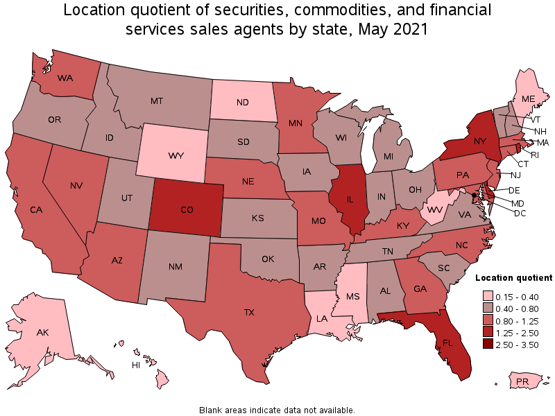 Map of location quotient of securities, commodities, and financial services sales agents by state, May 2021