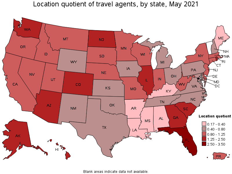 Map of location quotient of travel agents by state, May 2021