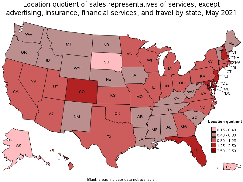 Map of location quotient of sales representatives of services, except advertising, insurance, financial services, and travel by state, May 2021