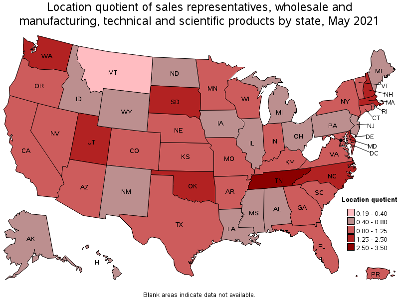 Map of location quotient of sales representatives, wholesale and manufacturing, technical and scientific products by state, May 2021