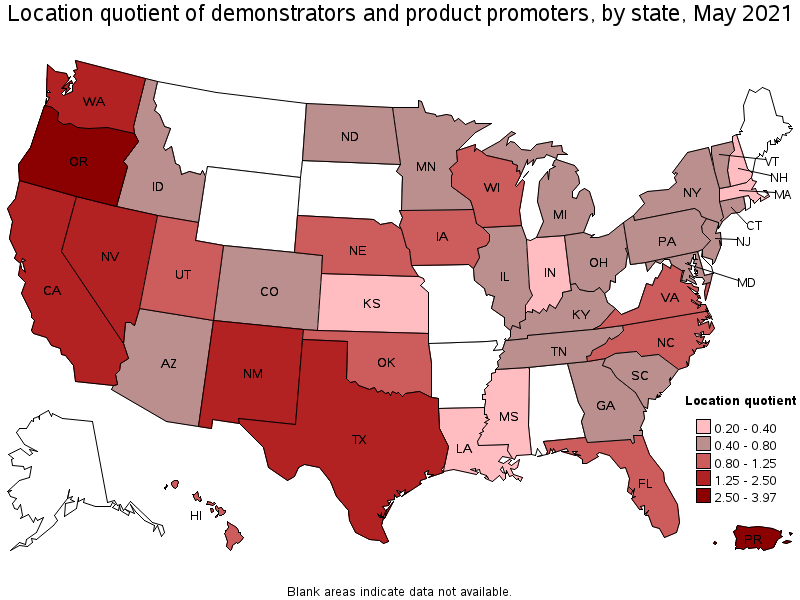 Map of location quotient of demonstrators and product promoters by state, May 2021