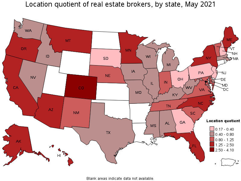 Map of location quotient of real estate brokers by state, May 2021