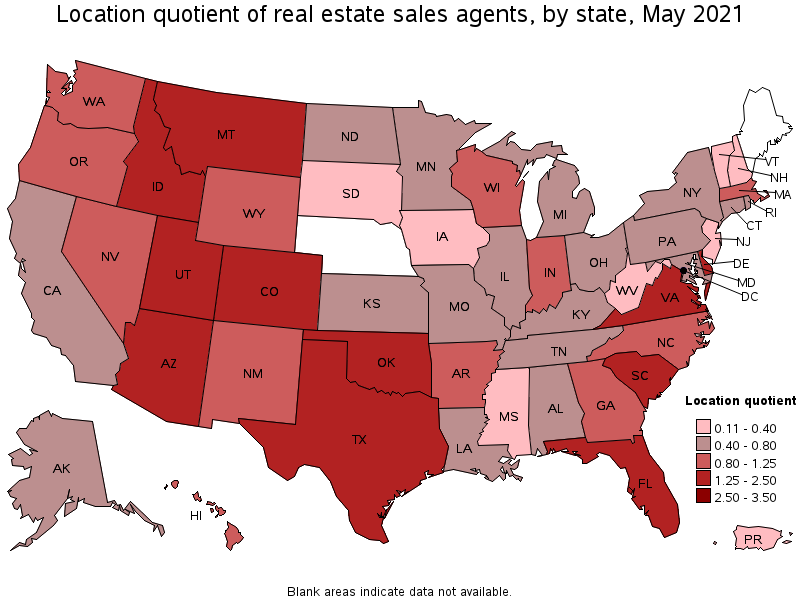 Map of location quotient of real estate sales agents by state, May 2021