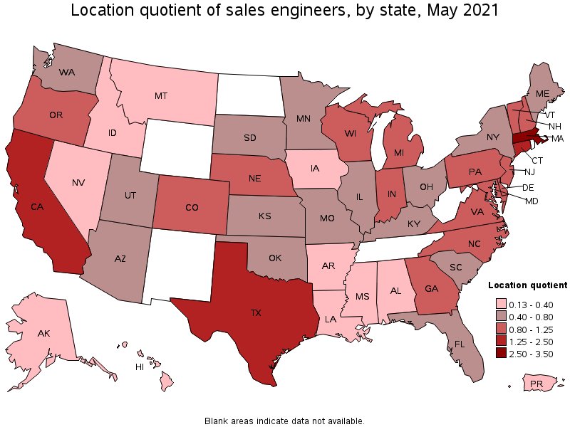Map of location quotient of sales engineers by state, May 2021