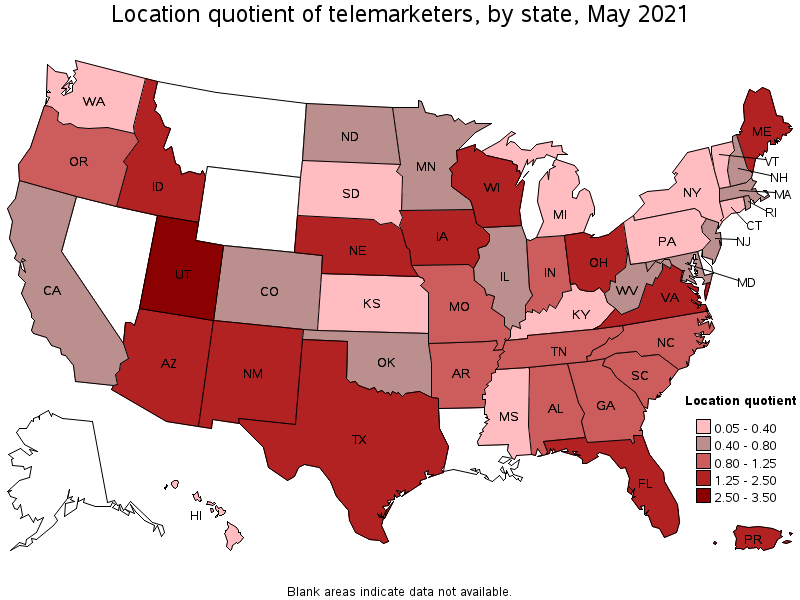 Map of location quotient of telemarketers by state, May 2021