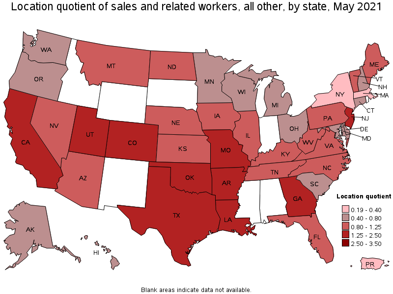 Map of location quotient of sales and related workers, all other by state, May 2021