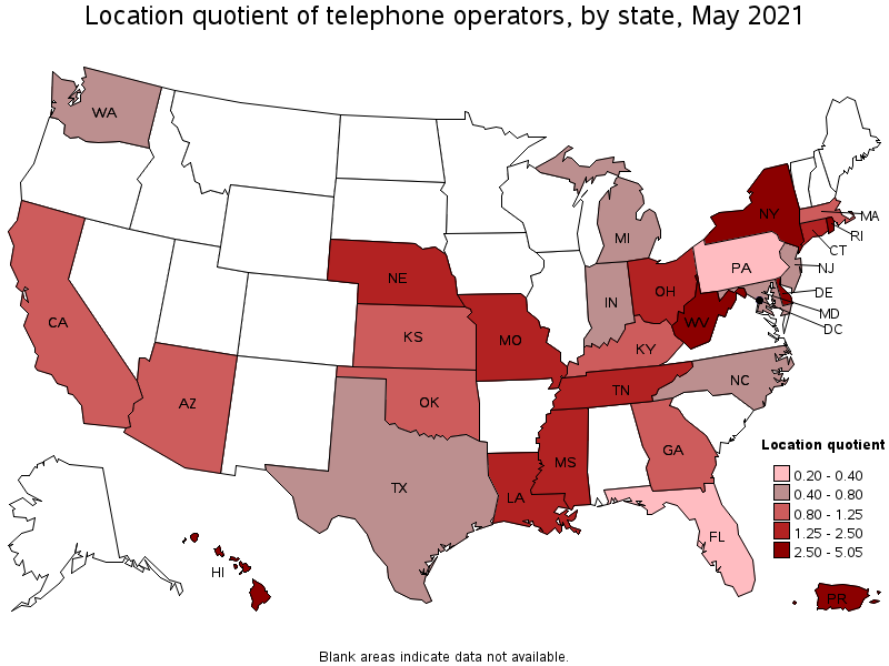 Map of location quotient of telephone operators by state, May 2021