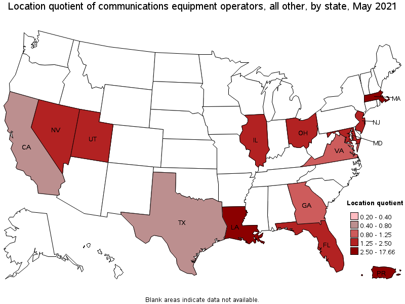 Map of location quotient of communications equipment operators, all other by state, May 2021